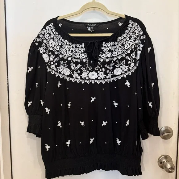Lauren Ralph Lauren Top 2XL Peasant Embroidery Oaxaca Black White‎ Cottage Core - Picture 3 of 9